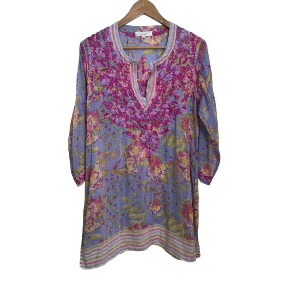 Amaya Size 44 Large Hand Block Printed Embroidered Floral Tunic Blouse - Picture 1 of 9